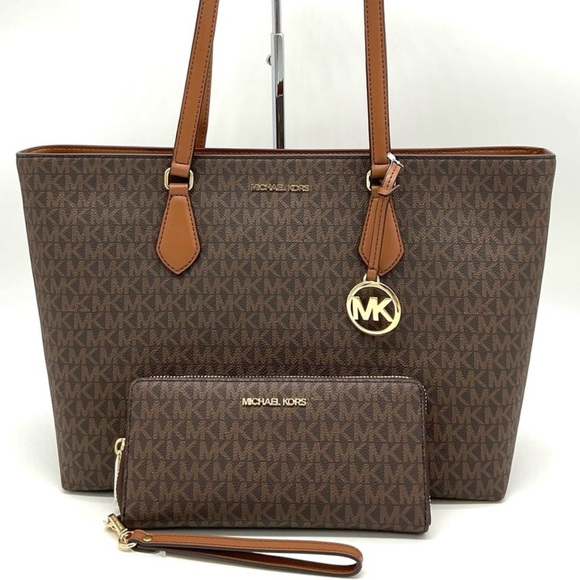 Michael Kors Bag Large Sheila Mf Tote & Continental Wallet Wristlet Brown/Gold